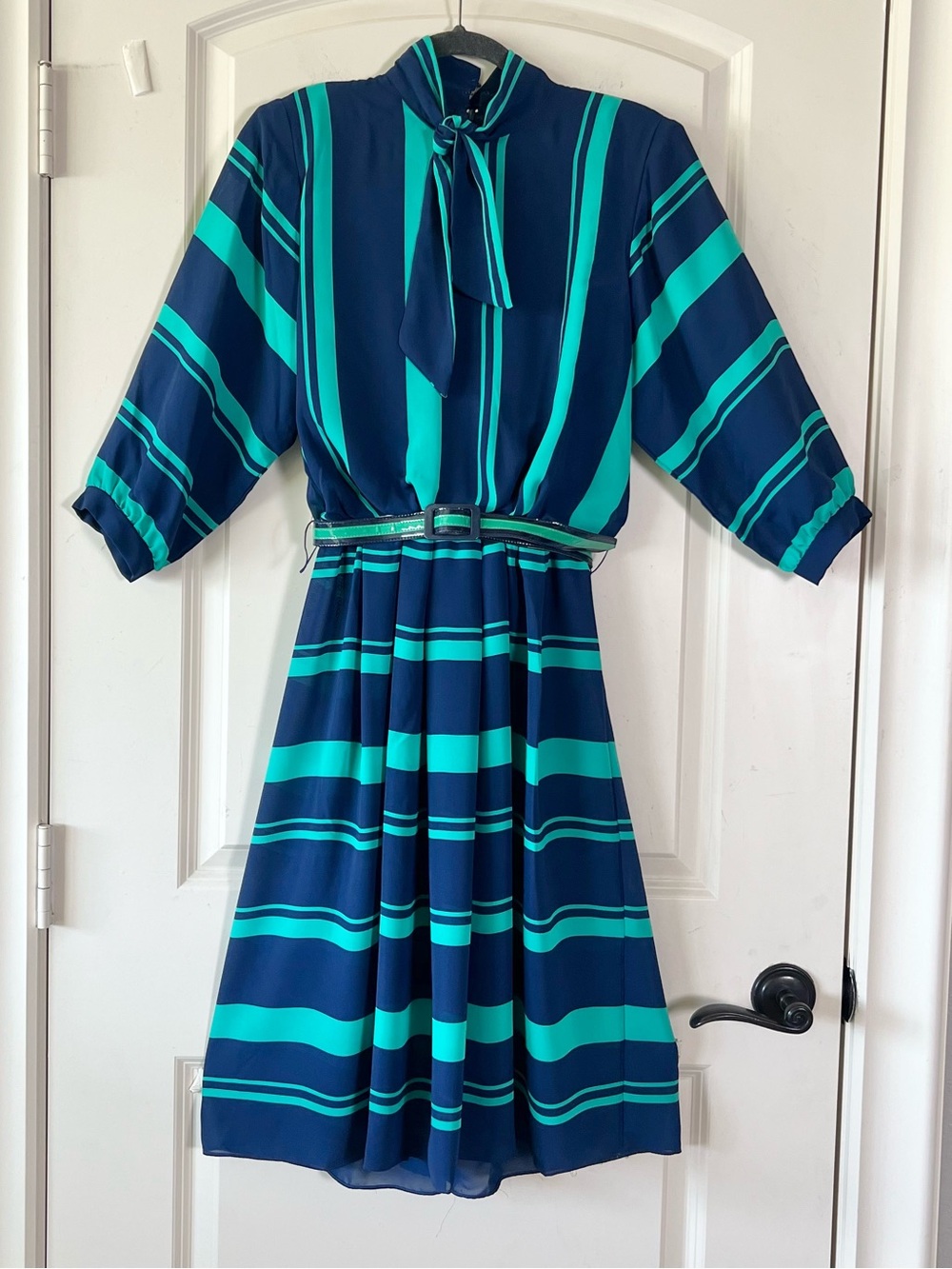Vintage V.I.P. Petites 80s Navy Teal Striped Midi Dress Union Made Size 4